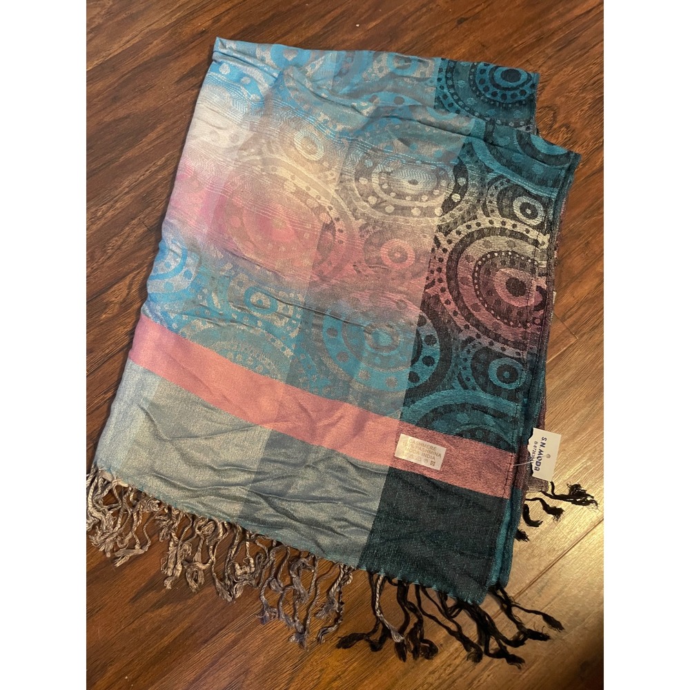 Moda India 100% Pashmina Cashmere Shawl Scarf Teal Pink Paisley Geometric Wrap